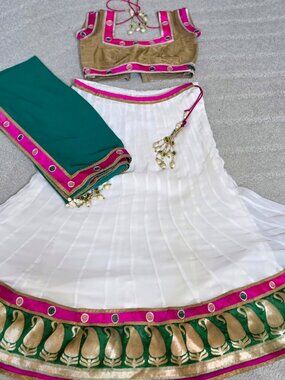 White Green Lehenga Chaniya Choli Set 3-Piece Navratri Garba Festive Wear S/M